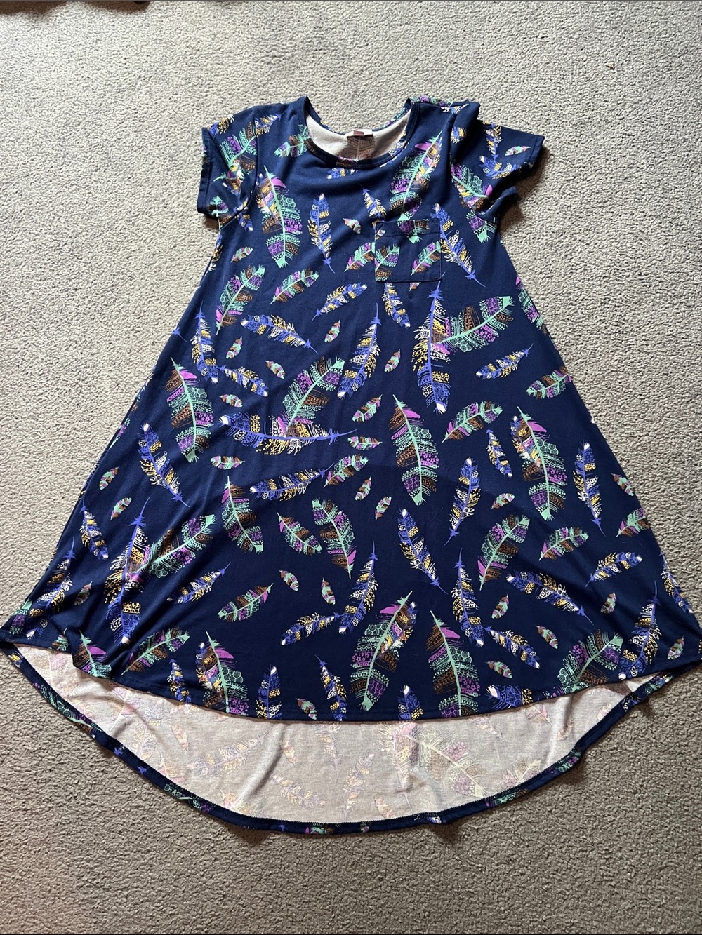 LuLaRoe Navy Dress with Multicolor Feather Print